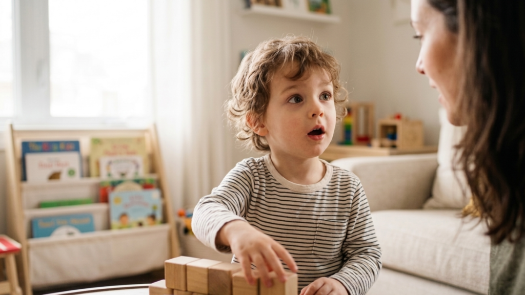 Parent qui utilise des jeux pour stimuler la communication de son enfant.